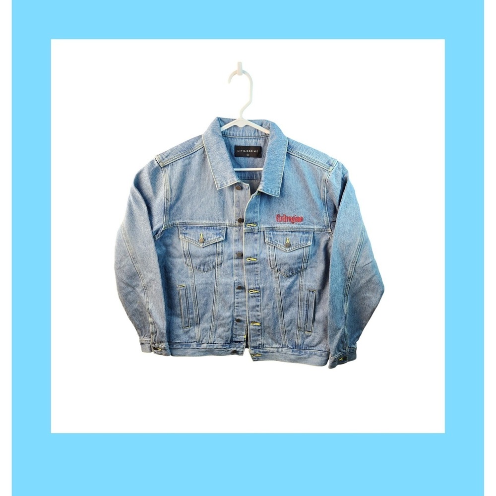 Civil Regime Embroidered Denim Trucker Jacket Streetwear -‎ Size Medium - Picture 2 of 16